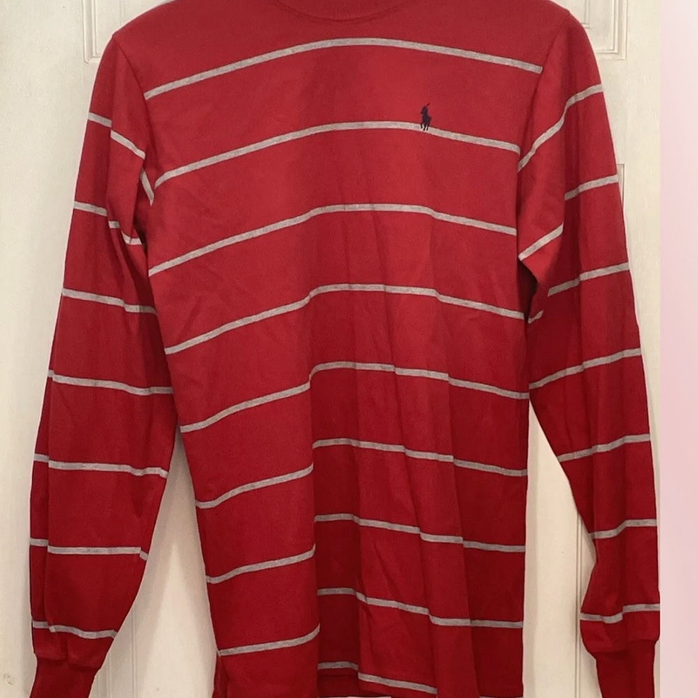 Ralph Lauren Long Sleeve Red with Grey Stripes Polo Shirt Men's Large